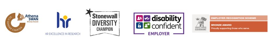 Logos for Athena Swan, HR Excellence in Research, Stonewall Diversity Champion, Disability Confident Employer, Employer Recognition Scheme